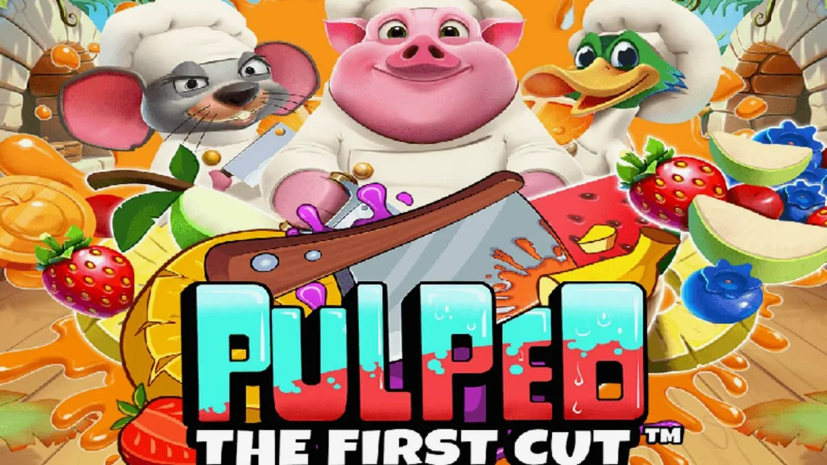 Tampilan visual slot Pulped: The First Cut dengan koki hewan dan buah-buahan.