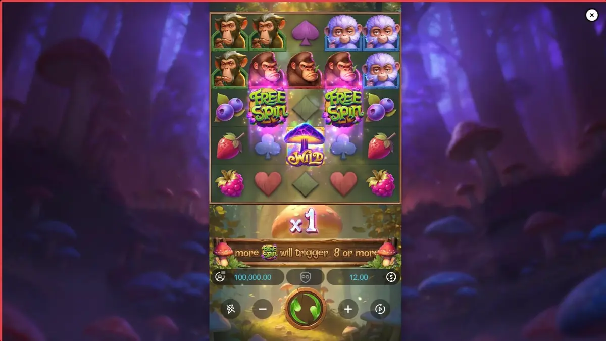 Tampilan visual permainan slot Monkeys Wild Party dengan tema hutan dan monyet